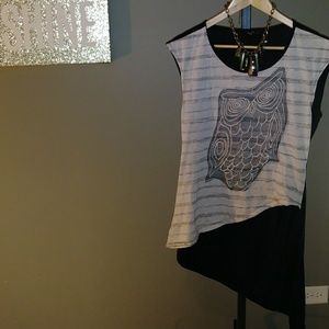 Love J Striped Mesh Owl Bias Cut Tank Top